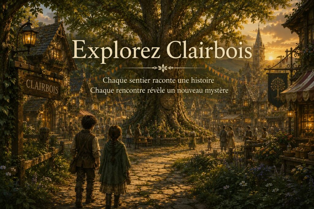 Vue du village de Clairbois, au cœur d'une forêt mystérieuse, où commence l'aventure de la saga Les Neuf Gardiens.
