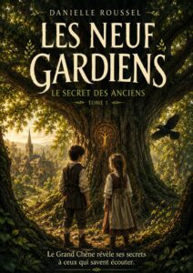 Couverture du roman illustré Les Neuf Gardiens – Tome 1 : Le Secret des Anciens, de Danielle Roussel. Hector et Séraphine devant le Grand Chêne de Clairbois.