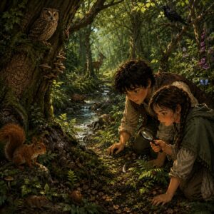 Hector et Séraphine observent la forêt de Clairbois, à la recherche des secrets des Neuf Gardiens.