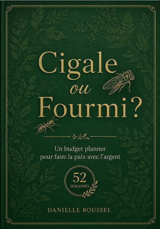 Couverture du livre « Cigale ou Fourmi ? », un budget planner de 52 semaines pour faire la paix avec l'argent, illustré par une cigale et une fourmi symbolisant l'équilibre entre profiter du présent et préparer l'avenir.