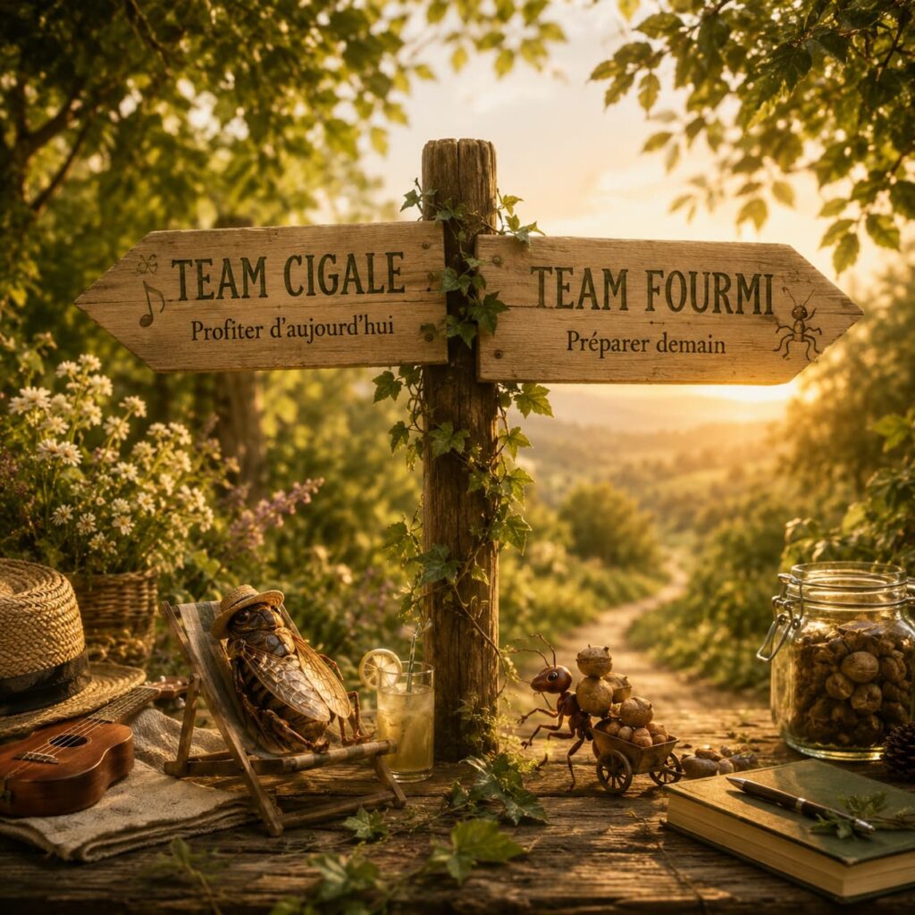 Illustration Team Cigale ou Team Fourmi pour comprendre son rapport à l'argent et identifier ses habitudes financières.