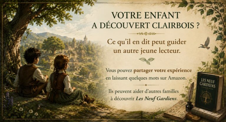 Invitation à partager un avis sur Les Neuf Gardiens après la découverte de l’univers de Clairbois