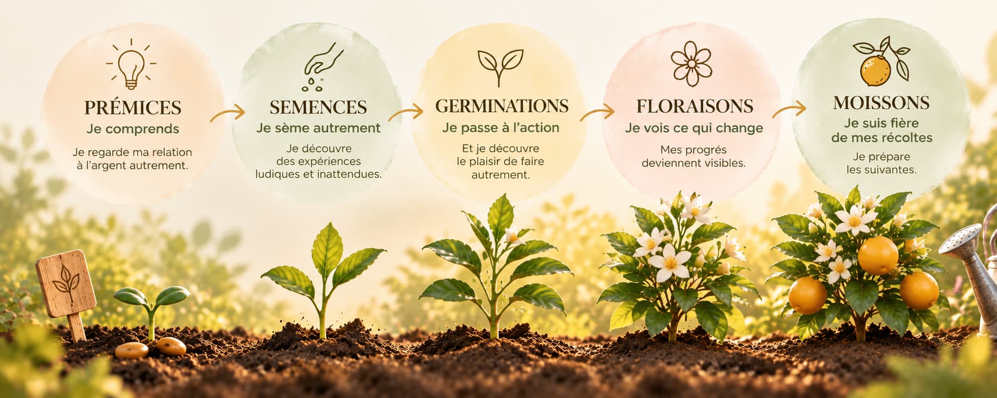 Prémices, Semences, Germinations, Floraisons et Moissons : cinq étapes pour faire évoluer sa relation à l’argent