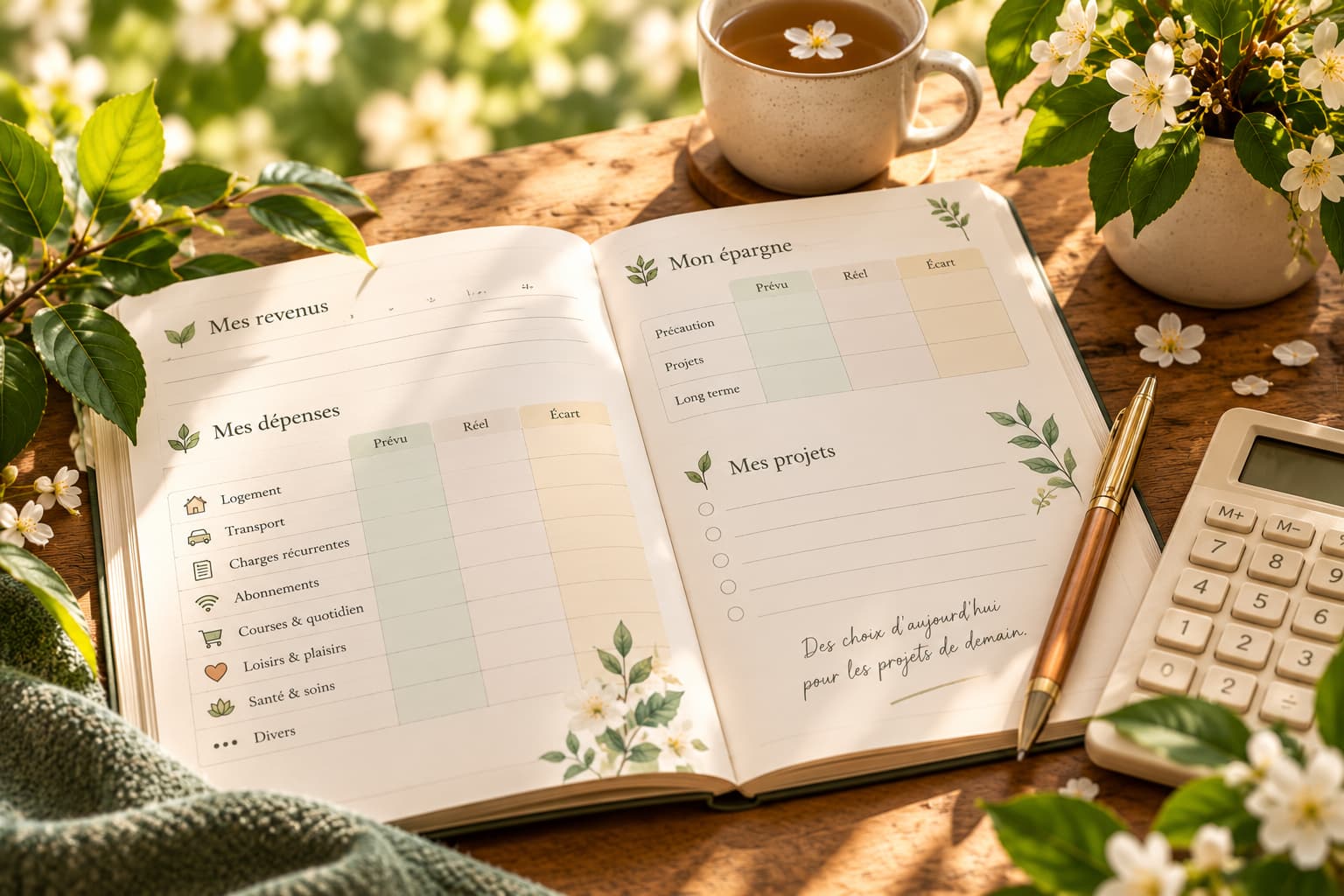 Carnet de finances personnelles pour suivre revenus, dépenses, épargne et projets