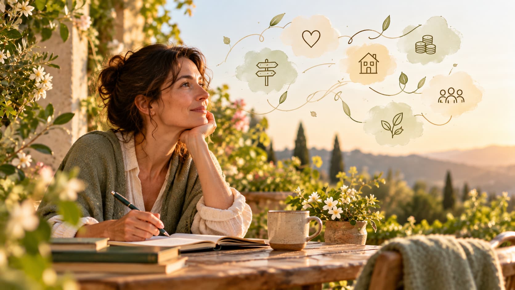 Femme réfléchissant à ses choix de vie et à sa relation à l’argent dans un jardin
