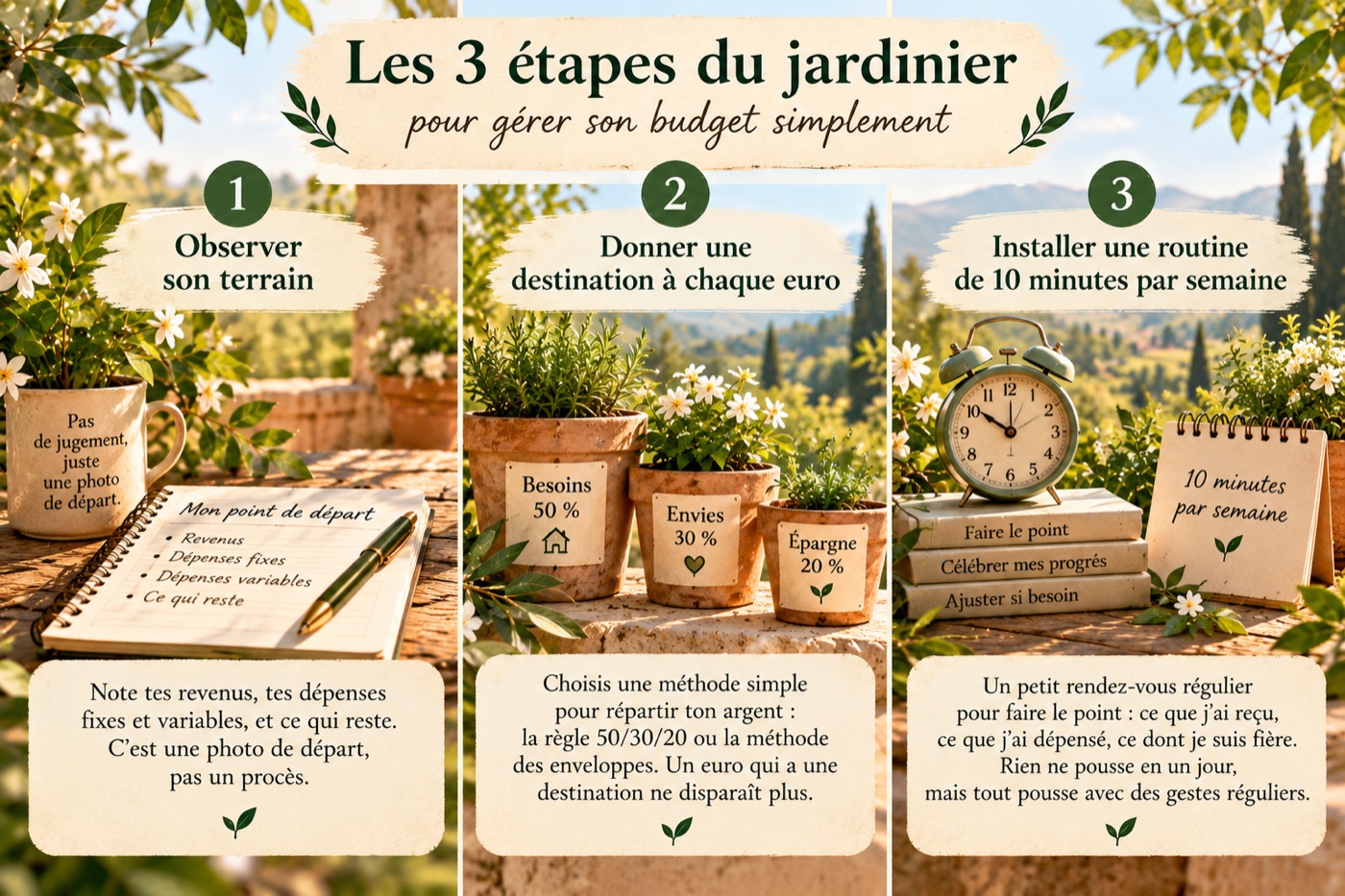 Les 3 étapes du jardinier pour gérer son budget simplement : observer son terrain, donner une destination à chaque euro, installer une routine de 10 minutes par semaine