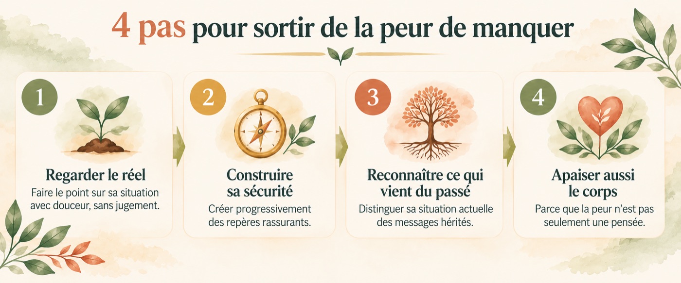 4 pas pour sortir de la peur de manquer : regarder le réel, construire sa sécurité, reconnaître ce qui vient du passé, apaiser aussi le corps