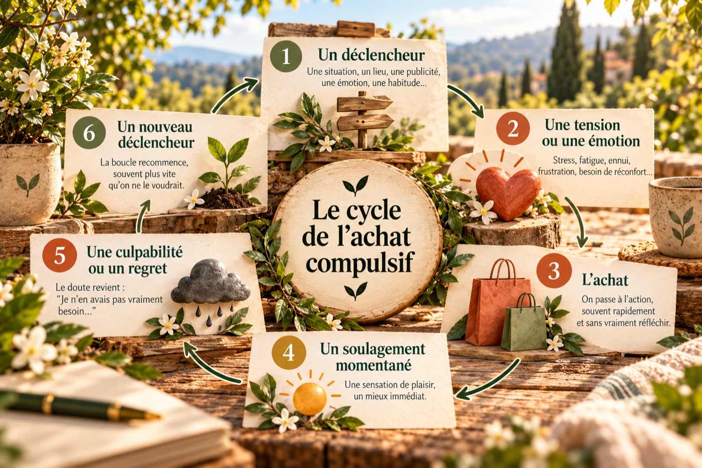 Le cycle de l'achat compulsif : un déclencheur, une tension ou une émotion, l'achat, un soulagement momentané, la culpabilité, puis un nouveau déclencheur
