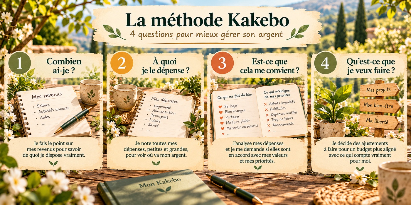 La méthode Kakebo en 4 questions : combien ai-je, à quoi je le dépense, est-ce que cela me convient, qu'est-ce que je veux faire