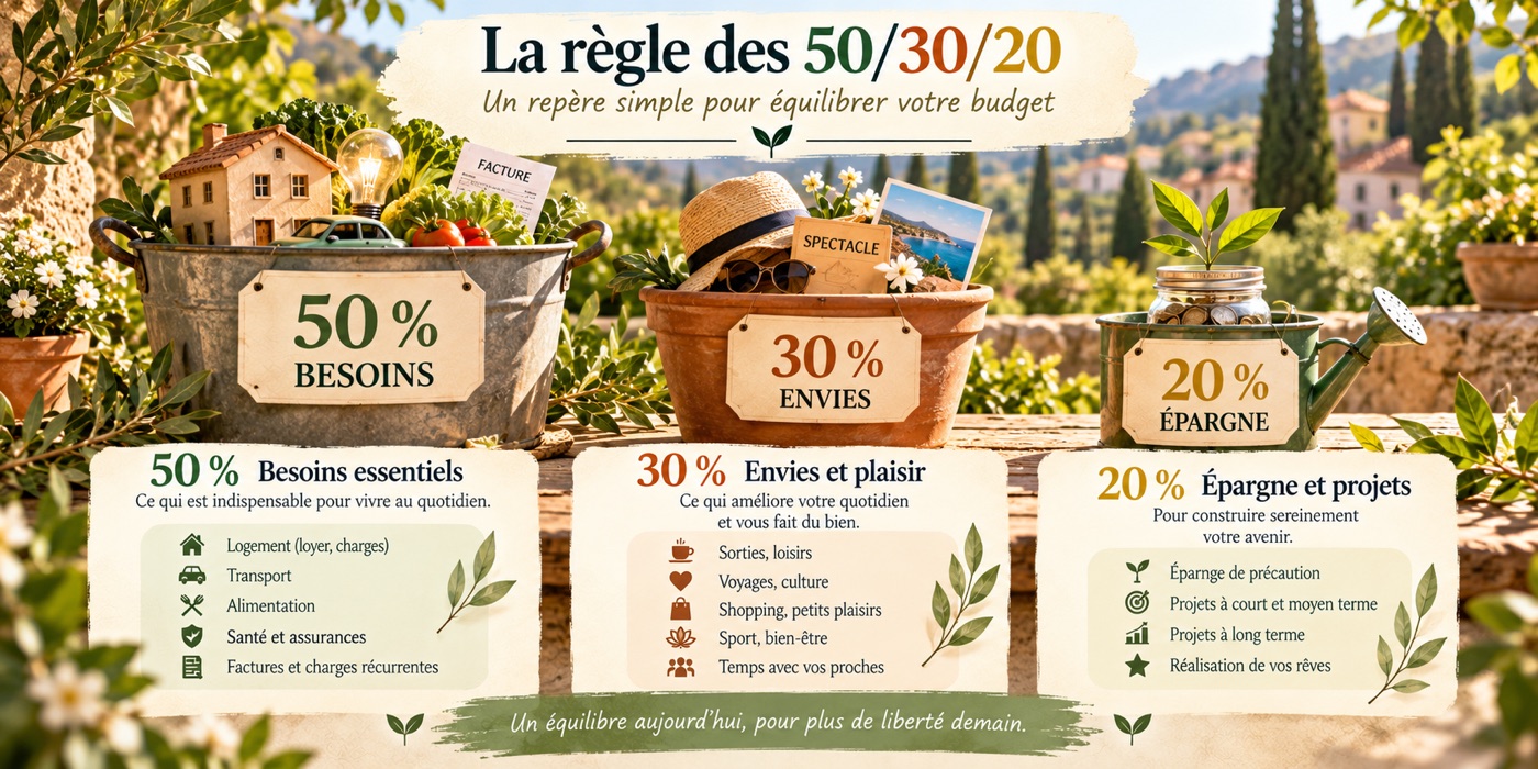 La règle des 50/30/20 : 50 % pour les besoins essentiels, 30 % pour les envies et le plaisir, 20 % pour l'épargne et les projets