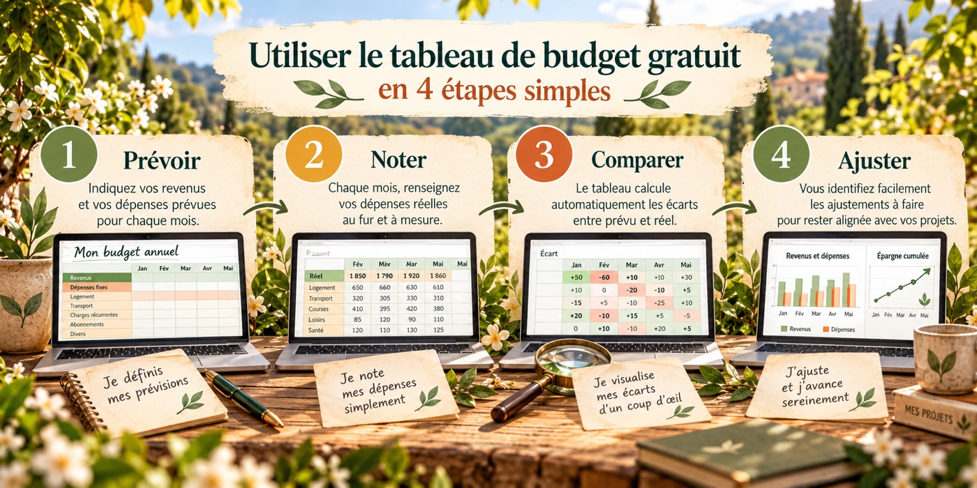 Utiliser le tableau de budget gratuit en 4 étapes : prévoir, noter, comparer, ajuster