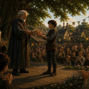 Corvin reçoit une récompense de Maître Éloi lors du concours de la fête des lumières à Clairbois