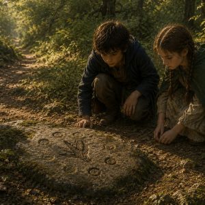 Hector et Séraphine examinent une pierre gravée au bord d'un sentier de Clairbois pour résoudre une énigme des Neuf Gardiens.
