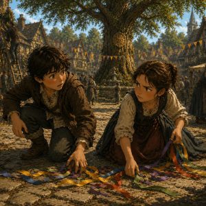 Hector et Séraphine ramassent des rubans au pied du Grand Chêne, au cœur du village de Clairbois, dans la saga Les Neuf Gardiens.